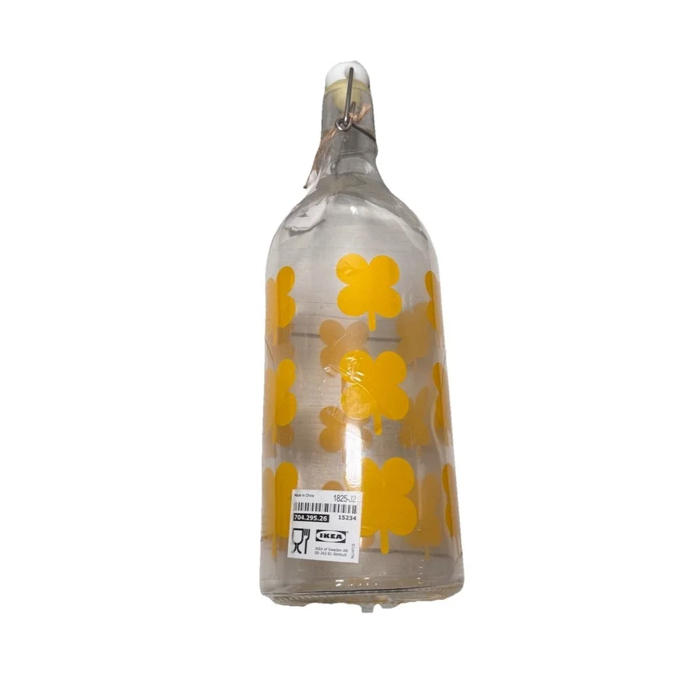IKEA Sommar Bottle With Stopper Top Clear Glass Yellow Shamrock‎ Pattern 1 L New